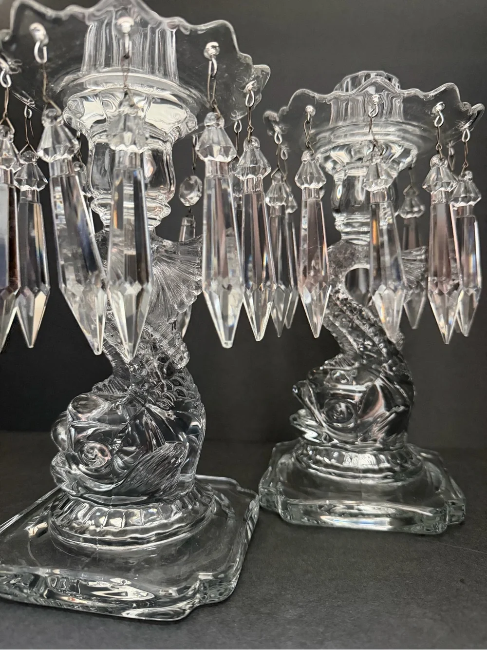 Pair of Cambridge Glass Candle Holders Fish Figure Bases w/Crystal Prisms 9,5